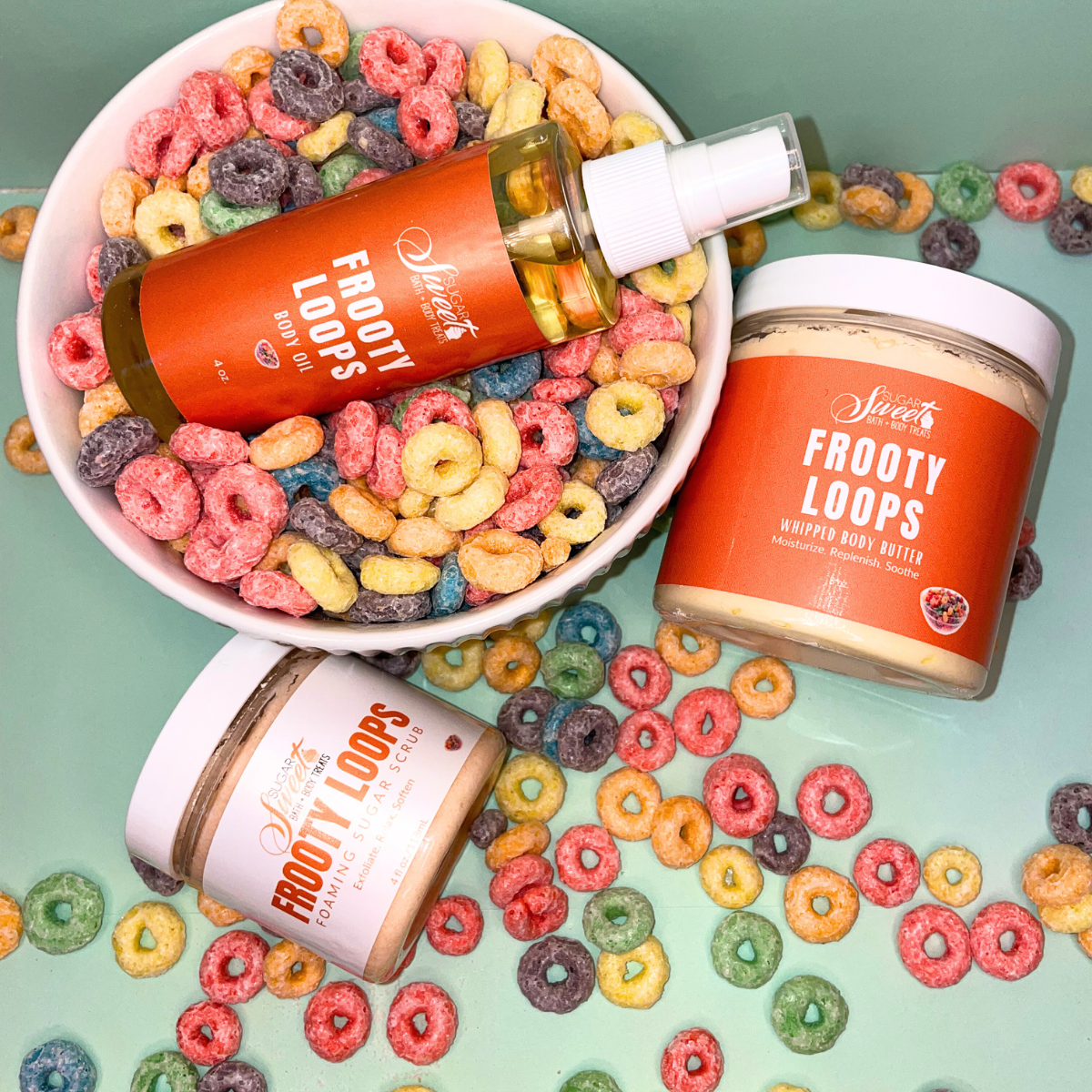 Frooty Loops Trio Set: Foaming Sugar Scrub, Whipped Body Butter, and Body Oil | Personal Care | Self Care | Gifts for Her | Self Care | Skincare | Fun | #Giftbox