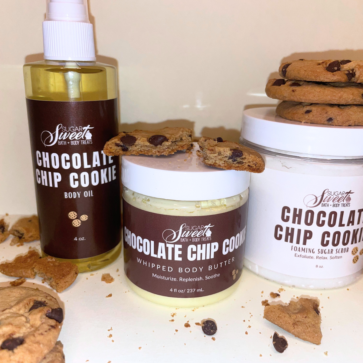 Chocolate Chip Cookie Trio Set: Foaming Sugar Scrub, Whipped Body Butter, and Body Oil | Personal Care | Self Care | Gifts for Her | Self Care | Skincare | Fun | #Giftbox