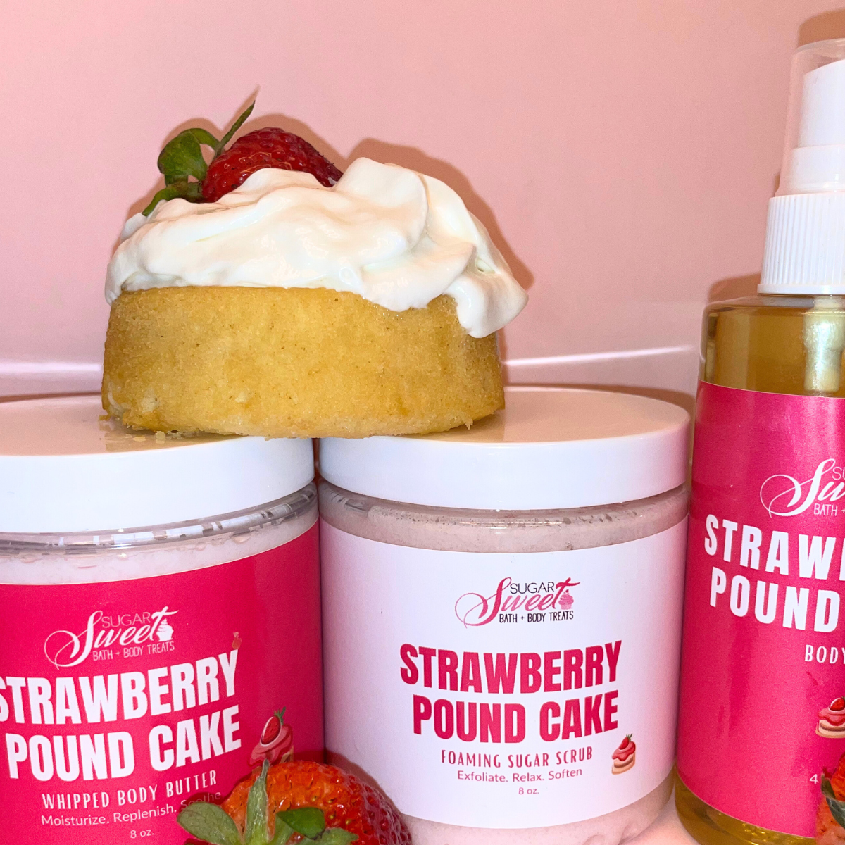 Strawberry Pound Cake Trio Set: Foaming Sugar Scrub, Whipped Body Butter, and Body Oil | Personal Care | Self Care | Gifts for Her | Self Care | Skincare | Fun | #Giftbox